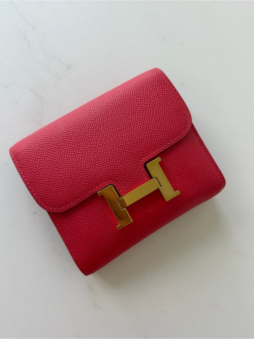 Hermes Pink-Red Epsom Leather Wallet with Gold H Lock